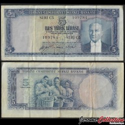 TURQUIE - Billet de 5 Türk Lirası - Mustafa Kemal Atatürk (Dos BLEU) - 1952