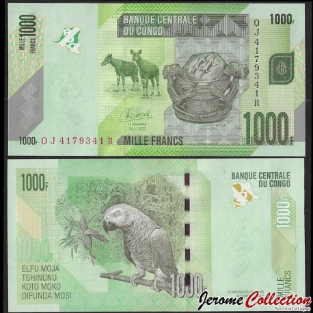 CONGO - Billet de 1000 Francs - Okapi / Perroquet - 04.01.2022 – P101d – JeromeCollection