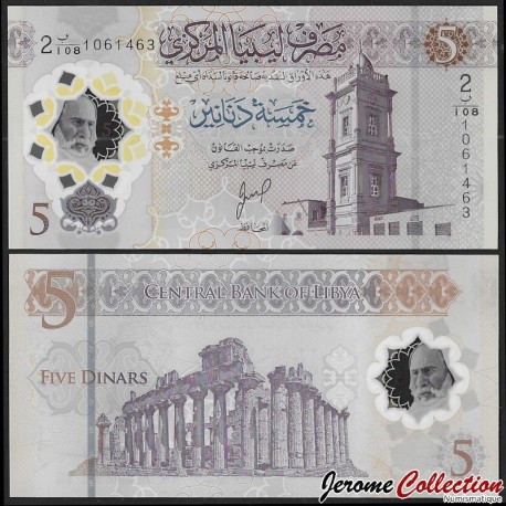 LIBYE - Billet de 5 Dinars - Tour de l'horloge ottomane - Polymer - 2025 – P86b – JeromeCollection