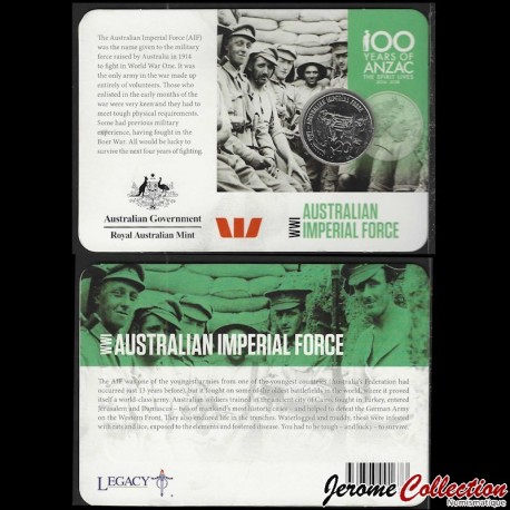 AUSTRALIE - PIECE de 20 Cents - 100 Years of ANZAC: Australian Imperial Force (en coincard) - 2015 – Km2977 –