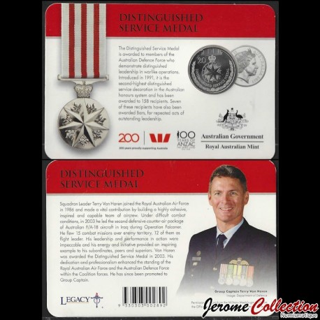 AUSTRALIE - PIECE de 20 Cents - Légendes des Anzacs - Médailles d'honneur: DISTINGUISHED SERVICE MEDAL (en coincard) -