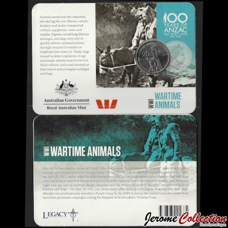 AUSTRALIE - PIECE de 20 Cents - 100 Years of ANZAC: WWI WARTIME ANIMALS (en coincard) - 2015 – Km2988 – JeromeCollection