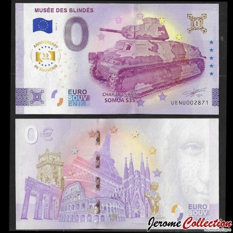 BILLET TOURISTIQUE - ZERO 0 EURO - FRANCE - MUSEE DES BLINDES - CHAR FRANCAIS SOMUA S35 - ANNIVERSARY GOLD - UENU