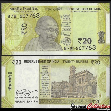 INDE - Billet de 20 Roupies - Grottes d'Ellora - Lettre M - 2023 – P110 – JeromeCollection
