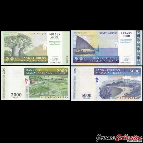 MADAGASCAR - SET / LOT de Billet de 2000 5000 Ariary - Plan d'action de Madagascar (MAP) - 2007 /2008 – P93 P94 –
