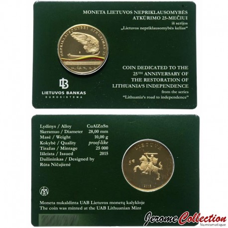 LITUANIE - PIECE de 5 Euros - 25e anniversaire de l'Indépendance de la Lituanie - 2015 – KmA215 – JeromeCollection