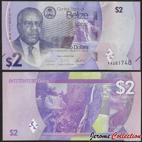 BELIZE - Billet de 2 Dollars - Philip Goldson / Cascades et rivières du Belize - 01.02.2025 – P73 – JeromeCollection
