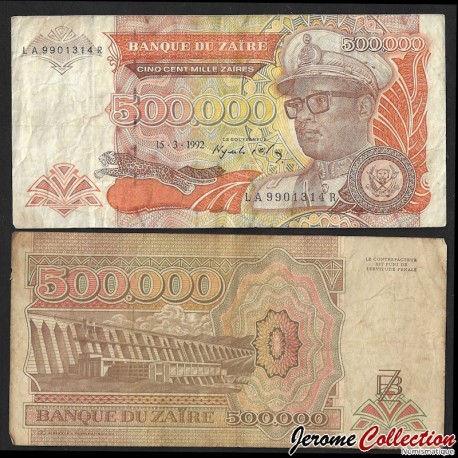 ZAIRE - Billet de 500000 Zaires - Barrage hydroélectrique - Version 2 Lettres - 15.3.1992 – P43a2 – JeromeCollection