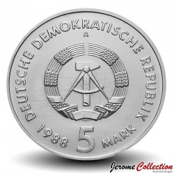 ALLEMAGNE DE L'EST / DDR / RDA - PIECE de 5 Mark - 150 ans des chemins de fer allemands - 1988