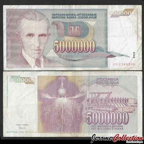 YOUGOSLAVIE - Billet de 5000000 Dinara - Nikola Tesla - 1993 – P121 – JeromeCollection