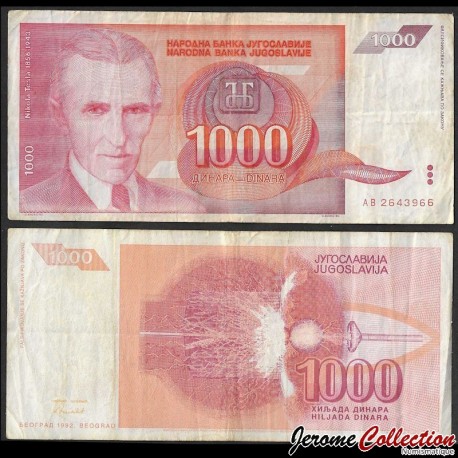 YOUGOSLAVIE - Billet de 1000 Dinara - Nikola Tesla - 1992 – P114 – JeromeCollection