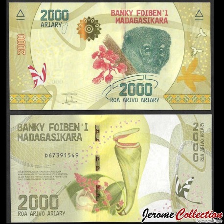 MADAGASCAR - Billet de 2000 Ariary - Lémurien / Plante carnivore - 2022 – P101b – JeromeCollection