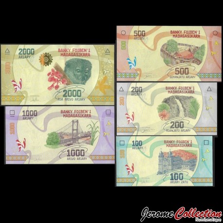 MADAGASCAR - SET / LOT de 5 Billets de 100 200 500 1000 2000 ARIARY - 2017 / 2023 – P97 98 99 100 101 102 –