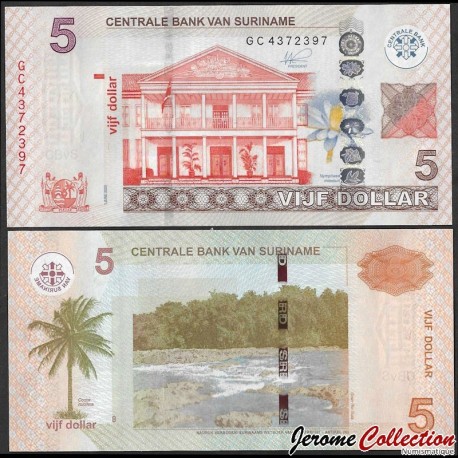SURINAME - Billet de 5 Dollars - Bâtiment de la Banque centrale - 01.06.2020 – P162c – JeromeCollection