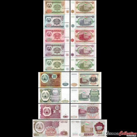 TADJIKISTAN - SET / LOT de 9 Billets de 1 5 10 20 50 100 200 500 1000 Roubles - 1994 – P1 2 3 4 5 6 7 8 9 –