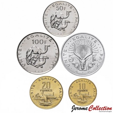 DJIBOUTI - SET / LOT de 5 PIÈCES - 5 10 20 50 100 Francs - 1991 / 1996 – Km22 23 24 25 26 – JeromeCollection