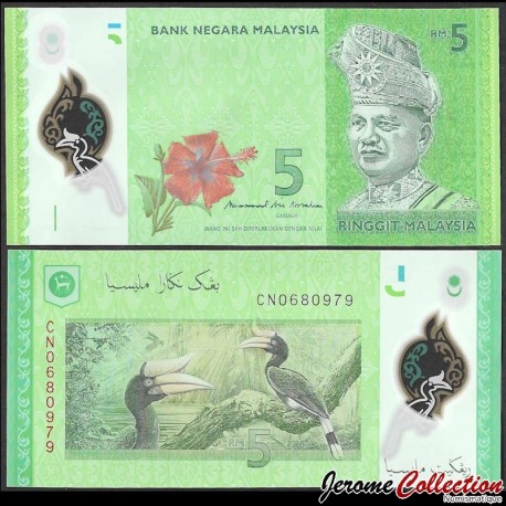 MALAISIE - Billet de 5 Ringgit - Calao rhinocéros - Polymer - 2017 – P52b – JeromeCollection