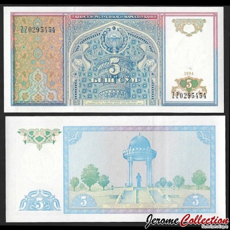 OUZBEKISTAN - Billet de 5 Som - Monument Ali Shir Nawai - SERIE ZZ (Remplacement) 1994 – P75 – JeromeCollection