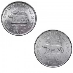 INDE - SET / LOT de 2 PIECES de 1 et 2 ROUPIES - Jubilé de Platine de la Banque Royale d'Inde - TIGRE - 2010