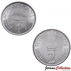 INDE - SET / LOT de 2 PIECES de 1 et 2 ROUPIES - Jubilé de Platine de la Banque Royale d'Inde - TIGRE - 2010