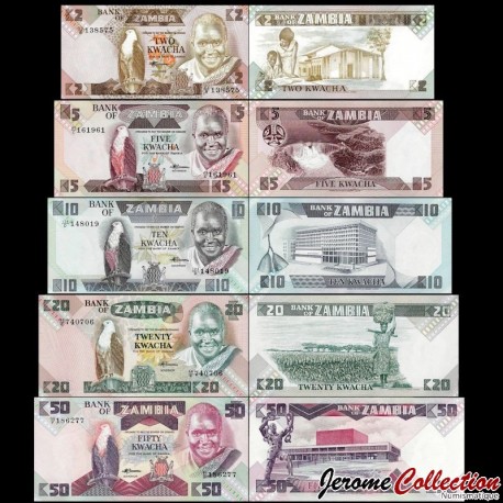 ZAMBIE - SET / LOT de 5 Billets de 2 5 10 20 50 Kwacha - 1986 / 1988 – P24 25 26 27 28 – JeromeCollection