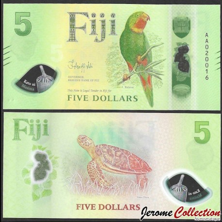 FIDJI - Billet de 5 Dollars - Perroquet de Kulawai / Tortue - Polymer - 2026 – P125 – JeromeCollection