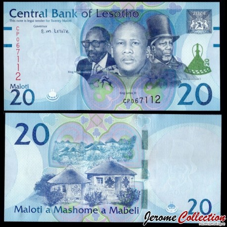 LESOTHO - Billet de 20 Maloti - Rois Letsie III, Moshoeshoe I et Moshoeshoe II - 2024 – P27b – JeromeCollection
