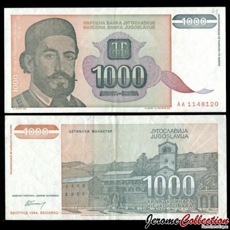 YOUGOSLAVIE - Billet de 1000 Dinara - Petar II Petrović-Njegoš - 1994 – P140 – JeromeCollection