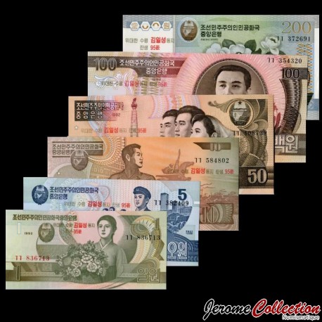 COREE DU NORD - SET / LOT de 6 Billets de 1 5 10 20 100 200 Won - 95e anniversaire de la naissance de Kim Il-sung -