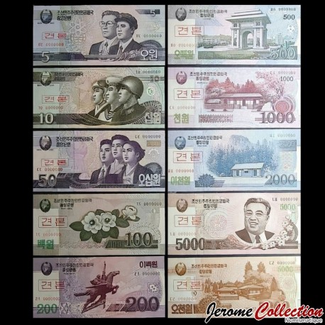 COREE DU NORD - SET / LOT de 10 Billets de 5 10 50 100 200 500 1000 2000 5000 5000 Won - SPECIMEN - 2002 / 2008 – P58