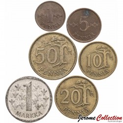 FINLANDE - SET / LOT de 6 PIÈCES - 1 5 10 20 50 Penniä 1 Markkaa - 1963 / 1990 – KM44 45 46 47 48 49 – JeromeCollection