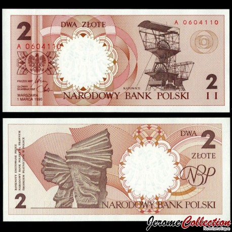 POLOGNE - Billet de 2 Złote - Tour d'extraction minière de Katowice - 1990 – P165 – JeromeCollection