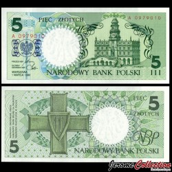 POLOGNE - Billet de 5 Złotys - Hôtel de Ville de Zamość - 1990