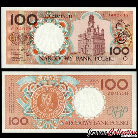 POLOGNE - Billet de 100 Złotys - Hôtel de ville de Poznań - 1990 – P170 – JeromeCollection