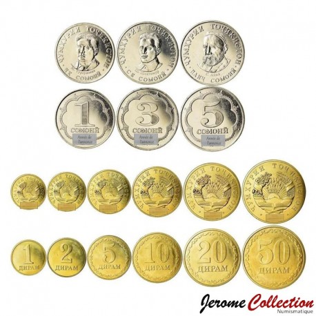 TADJIKISTAN - SET / LOT de 9 PIÈCES - 1 2 5 10 20 50 Diram - 1 3 5 Somoni - 2019 / 2023 – Km50 51 52 53 54 55 56 57 58