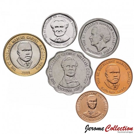 JAMAIQUE - SET / LOT de 6 PIECES - 10 25 Cents 1 5 10 20 Dollars - 1995 / 2022 – Km146.2 163 164 167 182 190 –