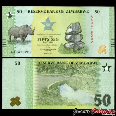 ZIMBABWE - Billet de 50 ZIG - Rhinocéros noir - 2026 – P117 – JeromeCollection
