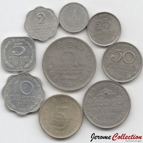 SRI LANKA - SET / LOT de 9 PIECES de 1 2 5 10 25 50 Cents 1 2 5 Roupies - 1978 / 1984 – Km135 136 137 138 139 140 141
