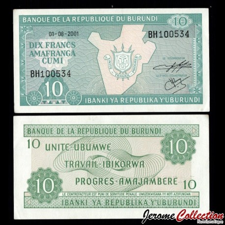BURUNDI - Billet de 10 Francs - 01.08.2001 – P33d2 – JeromeCollection