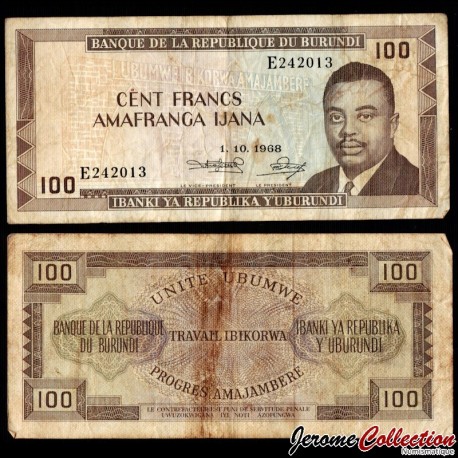 BURUNDI - Billet de 100 Francs - Prince Rwagasore - 1.10.1968 – P23a2 – JeromeCollection