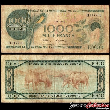 BURUNDI - Billet de 1000 Francs - Gobemouche de paradis africain - 01.05.1982 – P31b2 – JeromeCollection