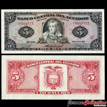 EQUATEUR - Billet de 5 Sucres - Antonio José de Sucre - HU - 24.05.1980 – P113c6 – JeromeCollection