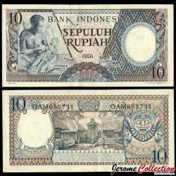 INDONESIE - Billet de 10 Rupiah - Sculpteur sur bois balinais - 1958 – P56 – JeromeCollection