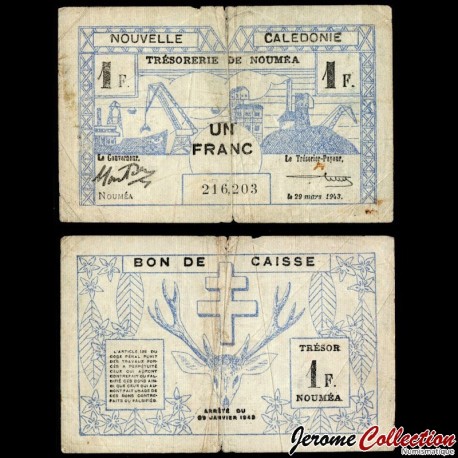 NOUVELLE CALEDONIE - Billet de 1 Franc - Port de Nouméa / Cerf Rusa - 29.03.1943 – P55b – JeromeCollection
