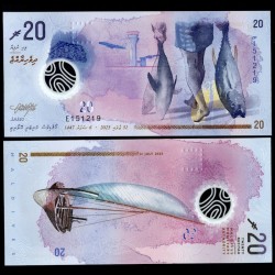 MALDIVES - Billet de 20 Rufiyaa - Pêcheur portant des thons (Avec symbole Rufiyaa) - 2025