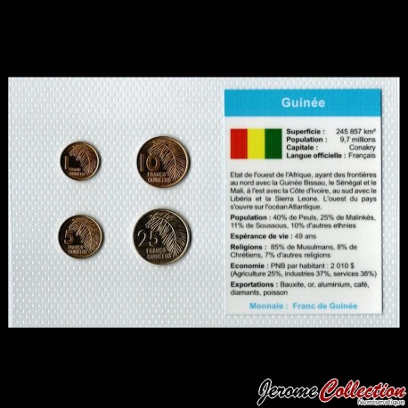 GUINEE - SET / LOT de 4 PIECES - 1 5 10 25 FRANCS - 1985 / 1987 en BLISTER – Km52 53 56 60 – JeromeCollection