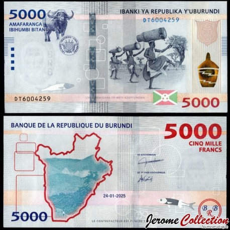 BURUNDI - Billet de 5000 Francs - Buffle africain / Porteurs de tambours - 24.01.2025 – P58b – JeromeCollection