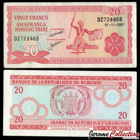 BURUNDI - Billet de 20 Francs - Danseuse - 1.11.2007 – P27d6 – JeromeCollection