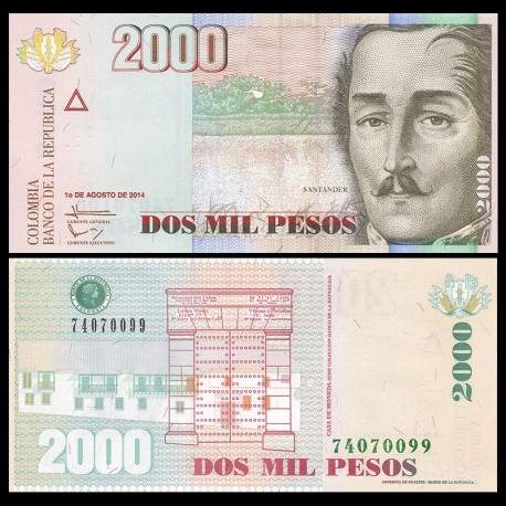COLOMBIE - Billet de 2000 Pesos - Général Santander - 01.08.2014