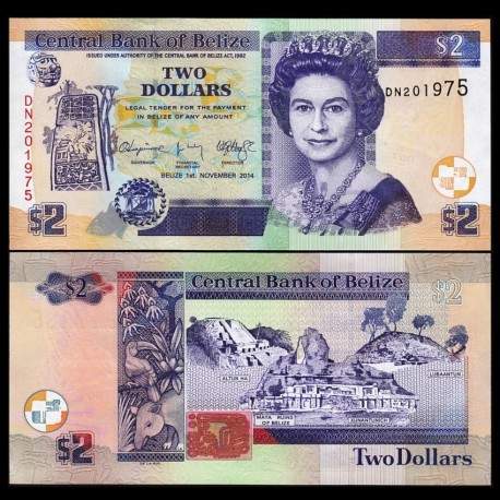 BELIZE - Billet de 2 Dollars - Ruines mayas du Belize - 2014